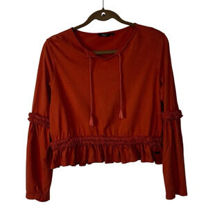The Roadster Top Women Medium Orange Rust V-Neck Ruffled Long Sleeve Blouse Boho